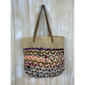 Jute Ethnic Colorful Hand Tote Bag w/ Leather Straps